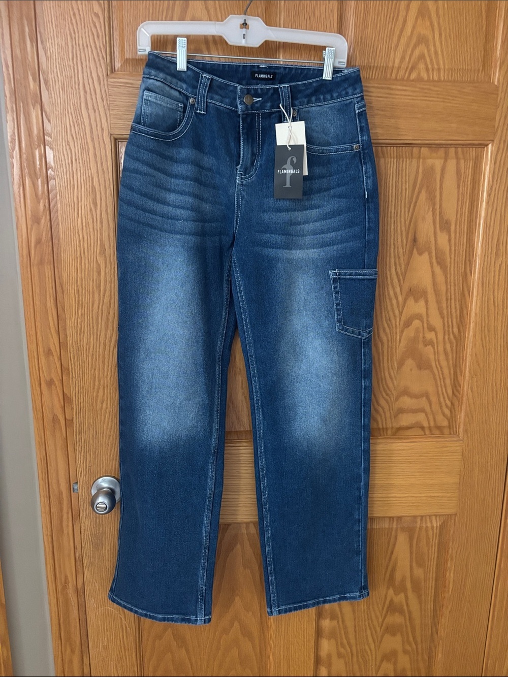 NWT Flamingals Mid Blue Straight-Leg Jeans with Utility Pocket 6 8 Medium